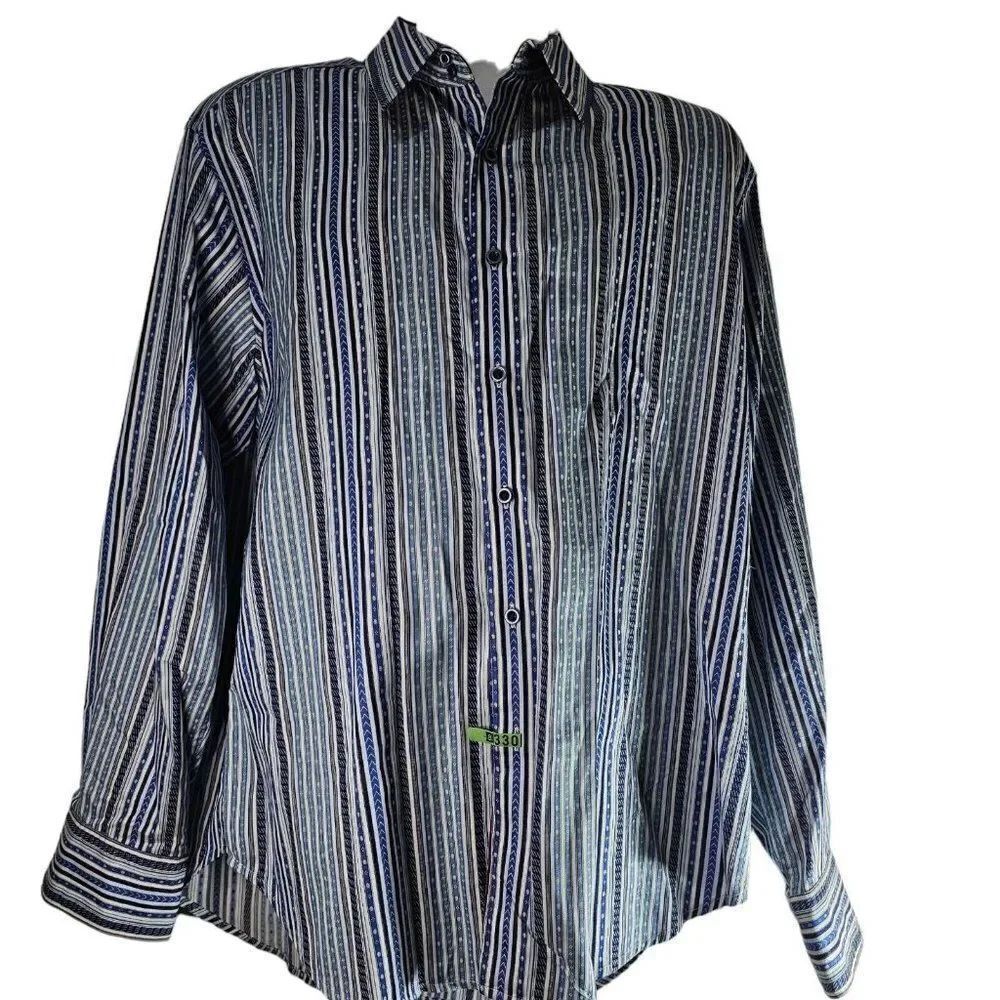 Robert Graham Shirt Mens Size XL Blue White Button Up Striped Flip Cuff